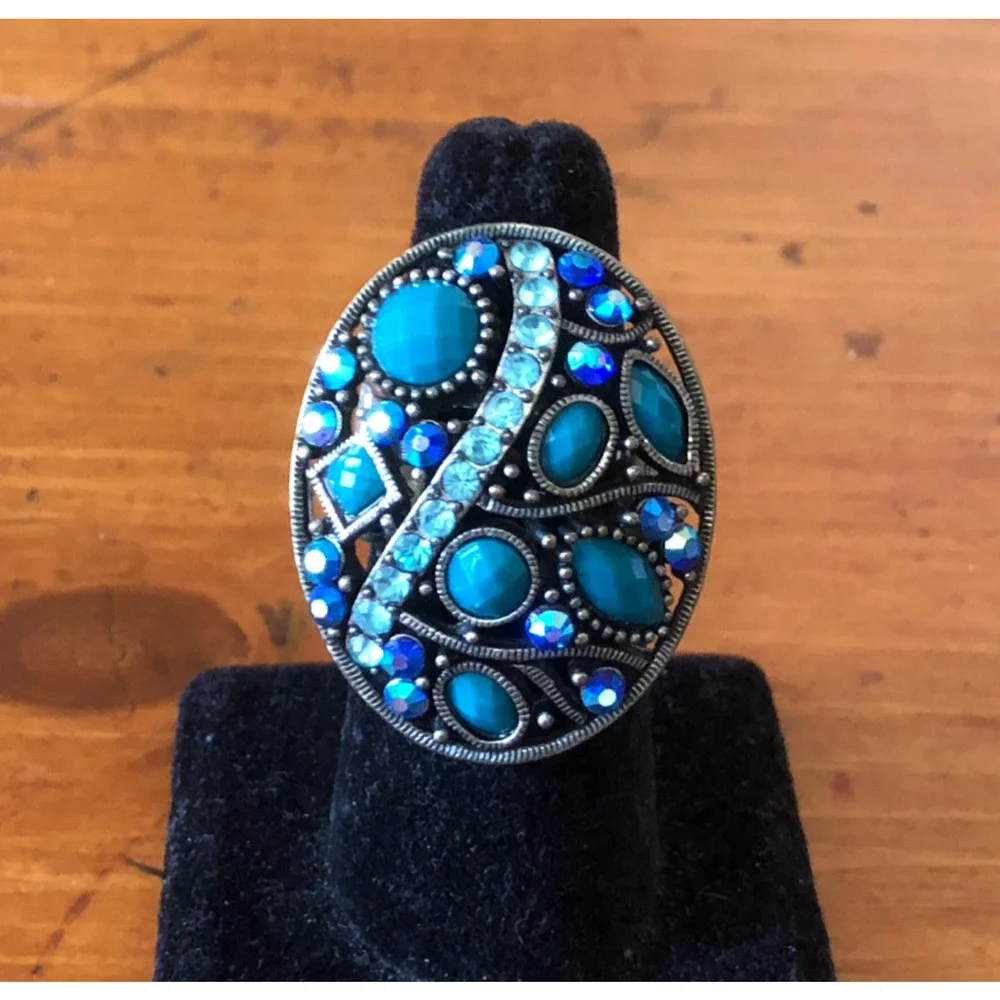 Vintage Boho Oval Statement Ring Turquoise And Blue Rhinestones Stretch Ring